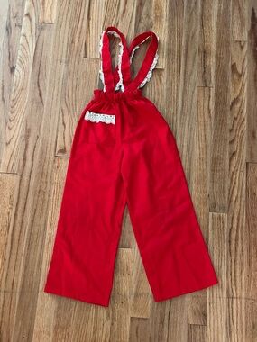 Vintage 70s Red Suspender Pants Girls size 6/7 lace ruffle cottagecore wide leg